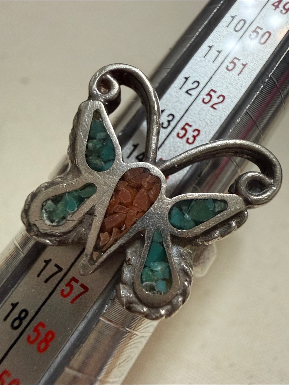 Native Sterling Silver Butterfly Inlay Ring WTurquoise & Coral Accents size 7.25